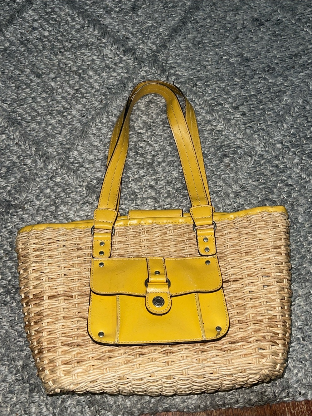 American Living Straw Tote with Yellow Leather Trim and Front Pocket